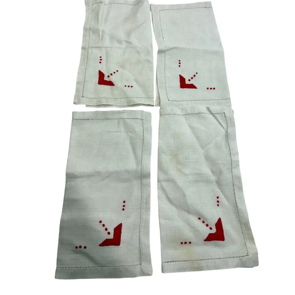 Vintage Hemstitch Linen Napkins Set of 4 Red Geometric Embroidery Cream MCM